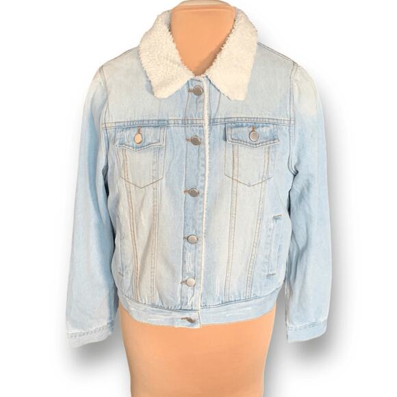 Ashley Vintage Charm Light Wash Sherpa Collar Denim Trucker Jacket Women’s XL - Picture 13 of 13